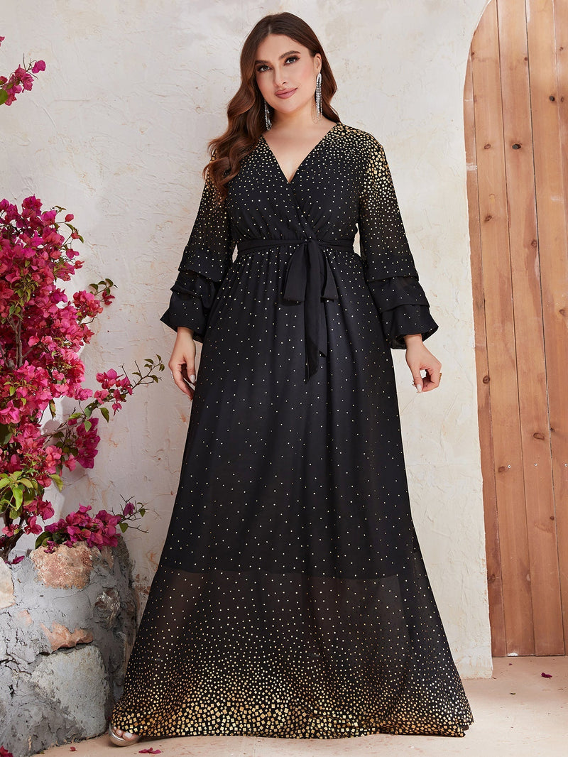 Plus Polka Dot Print Belted Dress-FSSK8007