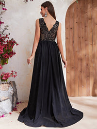 Contrast Sequin Mesh Insert Maxi Formal Dress-MGT540