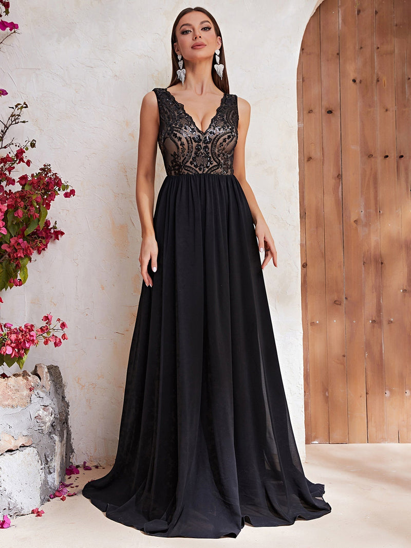 Contrast Sequin Mesh Insert Maxi Formal Dress-MGT540