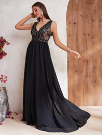 Contrast Sequin Mesh Insert Maxi Formal Dress-MGT540