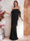 Off Shoulder Fringe Trim Mermaid Hem Sequin Formal Dress-SSN176