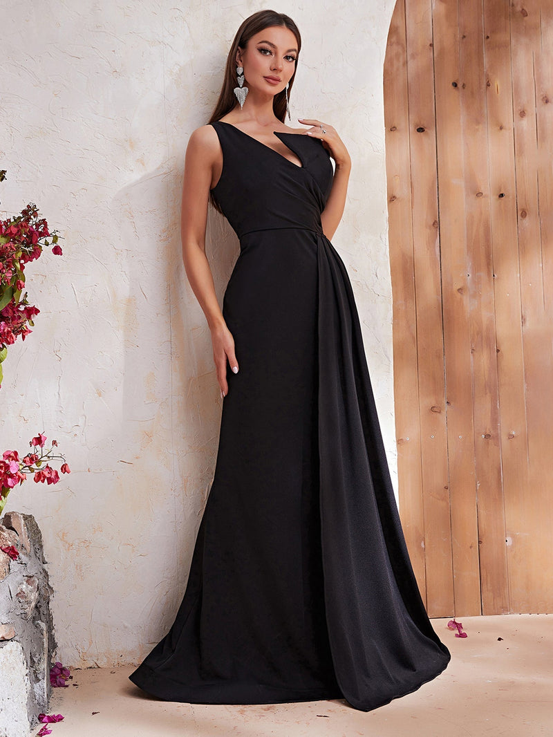 One Shoulder Wrap Hem Formal Dress-MGT537