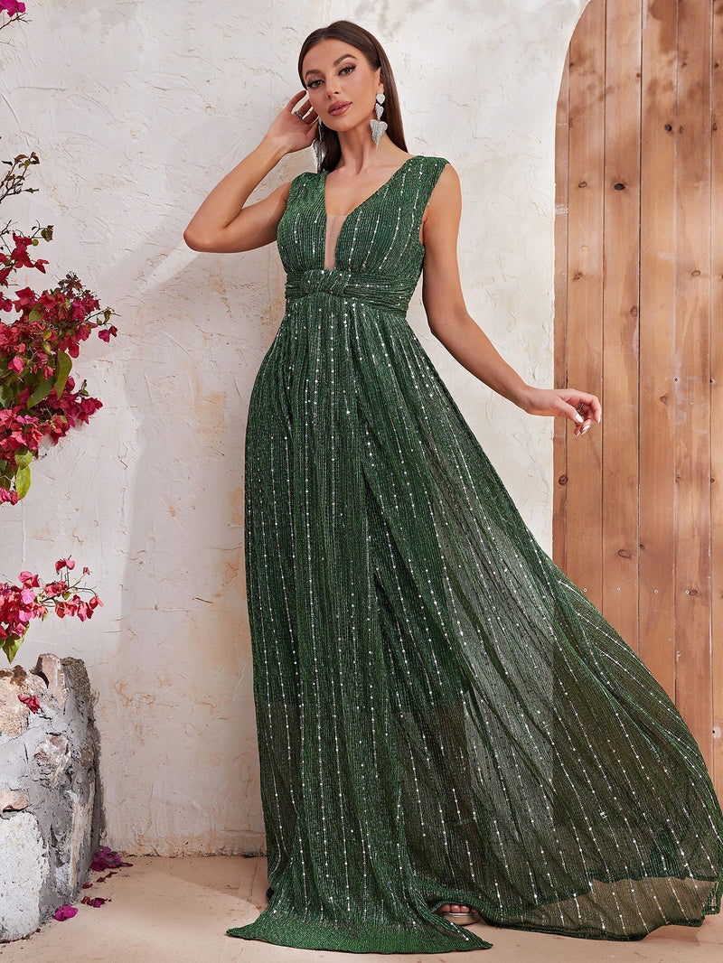 Plunging Neck Sequin Decor Maxi Dress-SS309