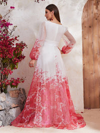 Floral Print Lantern Sleeve Chiffon Formal Dress-SSL6132