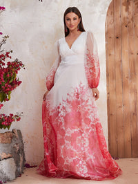 Floral Print Lantern Sleeve Chiffon Formal Dress-SSL6132