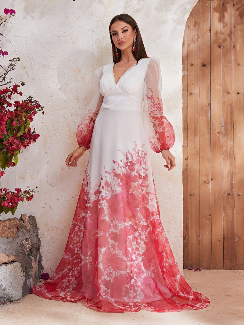 Floral Print Lantern Sleeve Chiffon Formal Dress-SSL6132