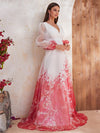 Floral Print Lantern Sleeve Chiffon Formal Dress-SSL6132