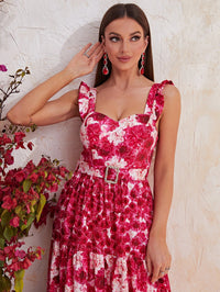 Floral Print Ruffle Hem Belted Cami Dress-MGN582