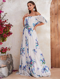 Floral Print Off Shoulder Ruffle Hem Chiffon Dress With Belt-SSL6130