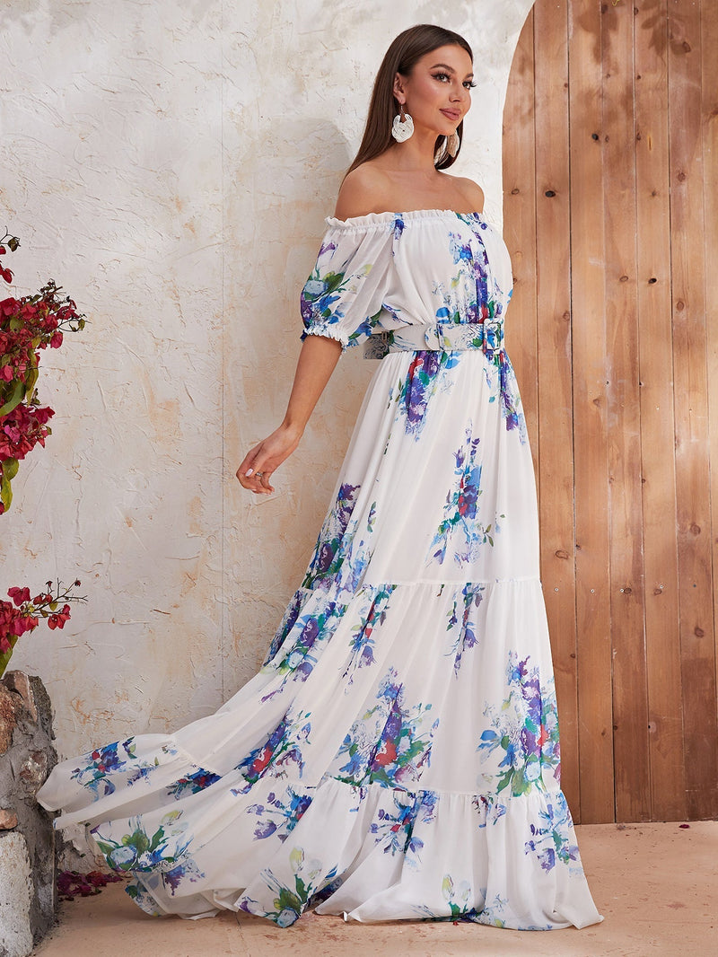 Floral Print Off Shoulder Ruffle Hem Chiffon Dress With Belt-SSL6130