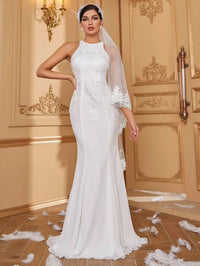 Giffniseti Contrast Flower Embroidered Mesh Mermaid Hem Wedding Dress Without Veil-A075