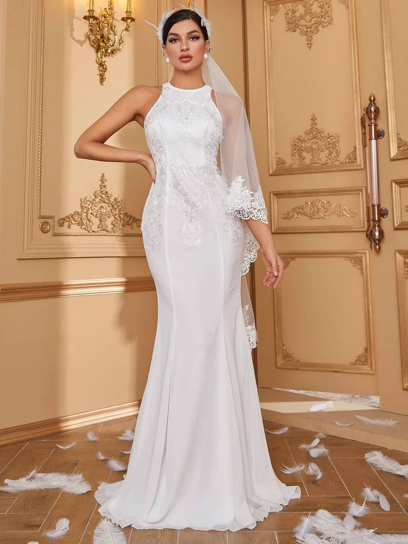 Giffniseti Contrast Flower Embroidered Mesh Mermaid Hem Wedding Dress Without Veil-A075