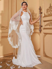 Giffniseti Contrast Flower Embroidered Mesh Mermaid Hem Wedding Dress Without Veil-A075