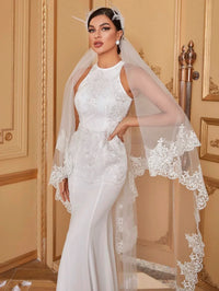 Giffniseti Contrast Flower Embroidered Mesh Mermaid Hem Wedding Dress Without Veil-A075