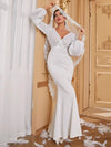 Overlap Collar Lantern Sleeve Backless Knot Mermaid Hem Sequin Wedding Dress Without Veil-A042