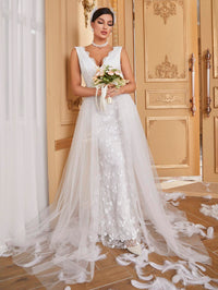 Giffniseti Contrast Mesh Lace Trim Floor Length Wedding Dress-A084