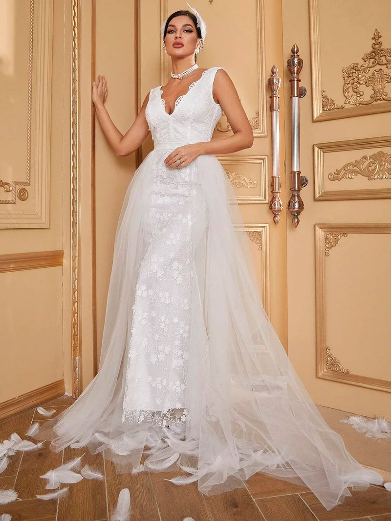 Giffniseti Contrast Mesh Lace Trim Floor Length Wedding Dress-A084