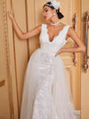 Giffniseti Contrast Mesh Lace Trim Floor Length Wedding Dress-A084