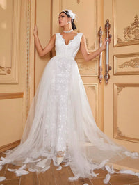 Giffniseti Contrast Mesh Lace Trim Floor Length Wedding Dress-A084