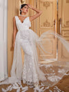 Giffniseti Contrast Mesh Lace Trim Floor Length Wedding Dress-A084