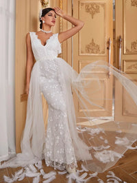 Giffniseti Contrast Mesh Lace Trim Floor Length Wedding Dress-A084