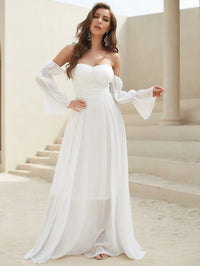 Off Shoulder Flounce Sleeve Ruched Chiffon Maxi Dress-JC225