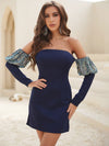 Off Shoulder Contrast Sequin Split Hem Dress-JC198