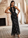 Contrast Sequin Floral Embroidery Cut Out Mesh Insert Formal Dress-A315