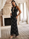 Contrast Sequin Floral Embroidery Cut Out Mesh Insert Formal Dress-A315