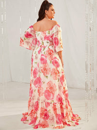 Plus Floral Print Off Shoulder Cut Out Ruffle Hem Chiffon Maxi Dress-FP233