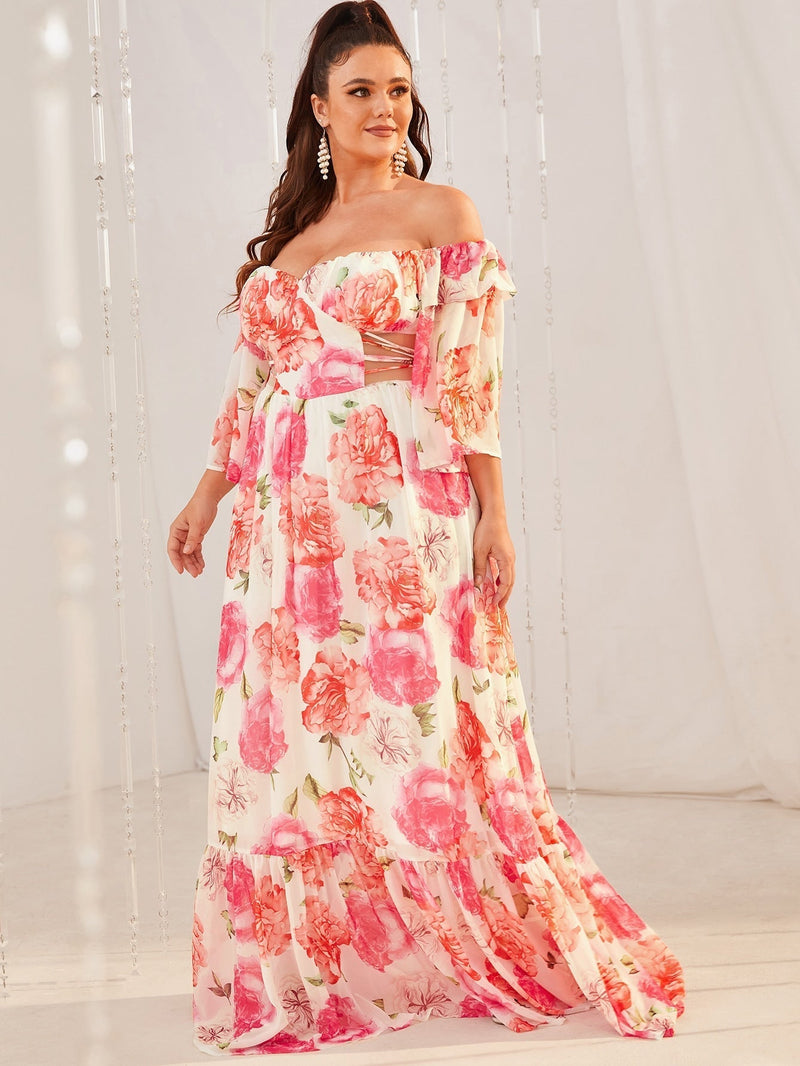 Plus Floral Print Off Shoulder Cut Out Ruffle Hem Chiffon Maxi Dress-FP233