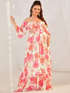 Plus Floral Print Off Shoulder Cut Out Ruffle Hem Chiffon Maxi Dress-FP233