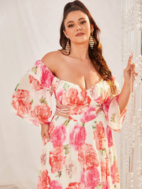 Plus Floral Print Off Shoulder Cut Out Ruffle Hem Chiffon Maxi Dress-FP233