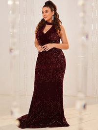 Plus Keyhole Neck Sequins Mermaid Hem Maxi Prom Dress-FP048