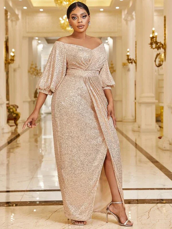 Plus Off Shoulder Lantern Sleeve Wrap Sequin Dress-FMGT047