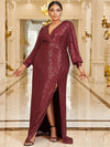 Plus Lantern Sleeve Split Thigh Sequin Dress-FP363