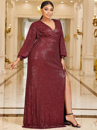 Plus Lantern Sleeve Split Thigh Sequin Dress-FP363