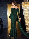 Off Shoulder Split Thigh Glitter Belted Prom Dress-MGW040