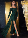 Off Shoulder Split Thigh Glitter Belted Prom Dress-MGW040