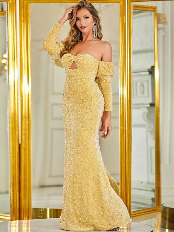 Off Shoulder Cut Out Mermaid Hem Sequin Formal Dress-MG392