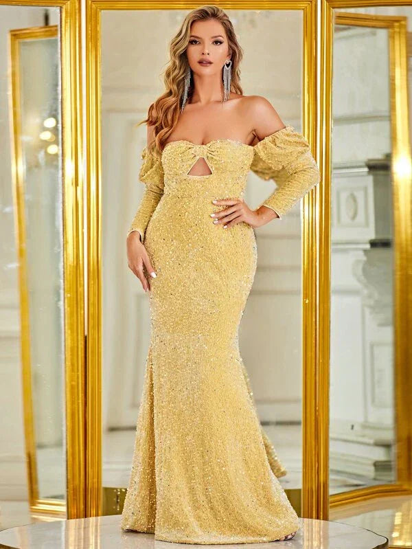 Off Shoulder Cut Out Mermaid Hem Sequin Formal Dress-MG392