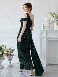 Giffniseti One Shoulder Draped Detail Sequin Party Dress With Belt-A633