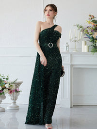 Giffniseti One Shoulder Draped Detail Sequin Party Dress With Belt-A633