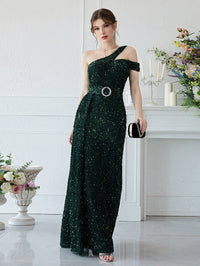 Giffniseti One Shoulder Draped Detail Sequin Party Dress With Belt-A633