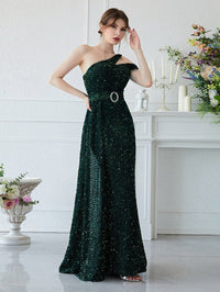 Giffniseti One Shoulder Draped Detail Sequin Party Dress With Belt-A633