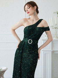 Giffniseti One Shoulder Draped Detail Sequin Party Dress With Belt-A633