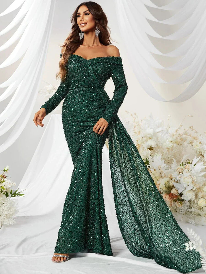 Off Shoulder Draped Sequin Formal Dress-MGW480