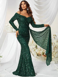 Off Shoulder Draped Sequin Formal Dress-MGW480