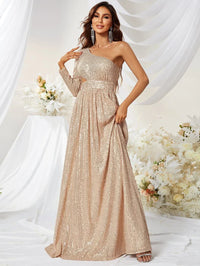 One Shoulder Cut Out Waist Sequins Maxi Dress-MGW278