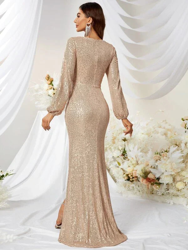 Surplice Neck Wrap Hem Sequin Prom Dress-MGT256